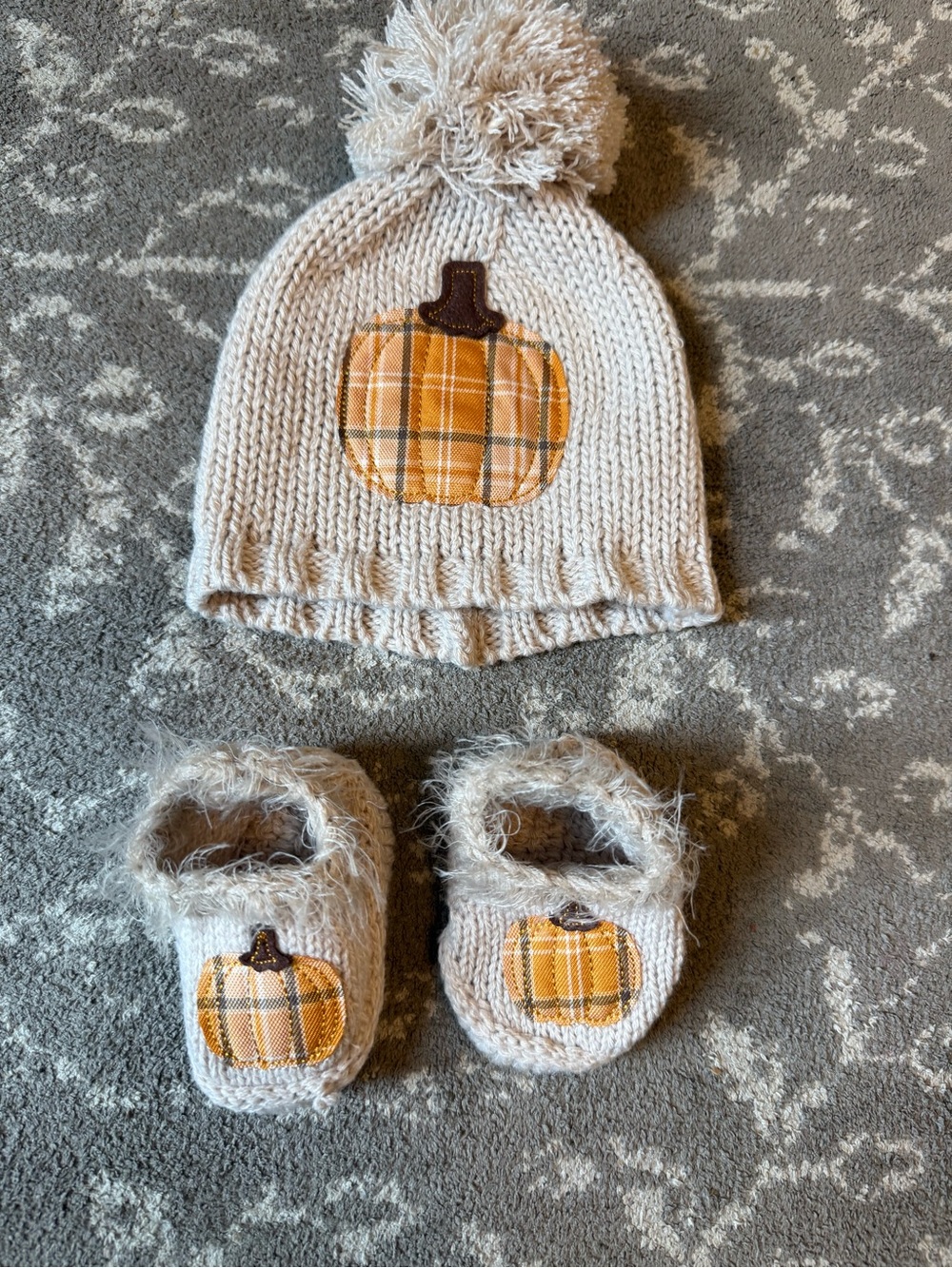 Cozy Cream Pumpkin Knit Baby Hat with Matching Booties
